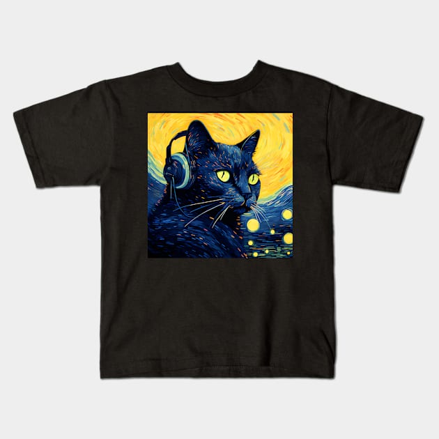 Starry Night Black Cat Wearing Headphones Kids T-Shirt by VisionDesigner